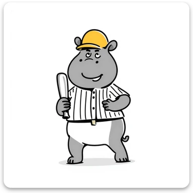 hippo holding a baseball bat, wearing a yellow helmet, pinstripes outfit sticker
