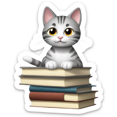 A minimalistic emoji-tstyle illustration of a grey tabby cat with white paws and chest, sitting on a stack of books and papers. The cat looks to the side with perked ears, and its tail extends slightly off the surface. The background is simple and neutral, with a hint of a window or curtain for context. sticker