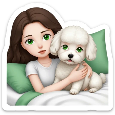 Brunette Long hair girl with green eyes sick in bed by herself with single white bichon frise dog sticker
