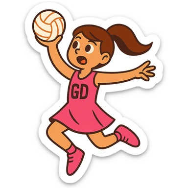 girl with brown hair in a pink netball dress, mid-air, shooting a netball, action pose, no background sticker