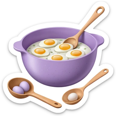 a lilac ceramic mixing bowl with a wooden spoon stirring and sitting next to it is a dozen eggs with the carton lid open sticker