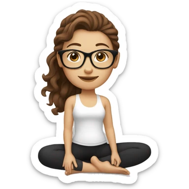 White girl with wavy brown hair, brown eyes and black glasses doing yoga sticker