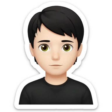 A beautiful boy with black hair and hazel green and brown eyes and white skin , with dark freckles and black t shirt with middle part hair hair with a center part haircut  sticker