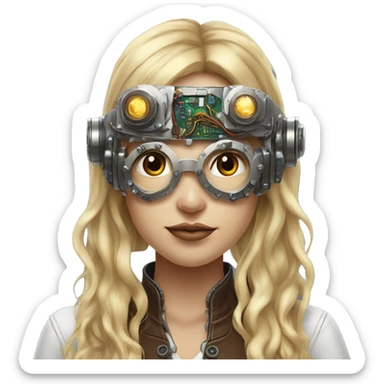 Brown long hair with blonde steaks female cyborg head, fair skin, steampunk goggles and circuits sticker