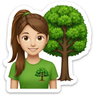 Make a zumba coach emoji, brown eyes, brown hair girl, long ponytail,green t shirt with a tree logo on It sticker