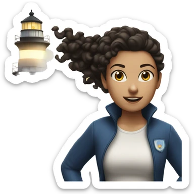 White woman with blue eyes and dark curly hair in a ponytail running with a lighthouse in front of her sticker