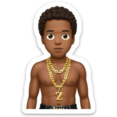 Jay-Z with dark brown hair, black sequin baggy pants, shirtless with necklace sticker