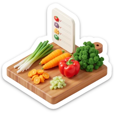 Ingredients on teh wooden cutting board with floating list with check box sticker