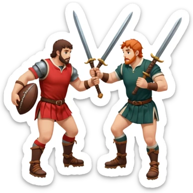 Batalla medieval protagonizada por jugadores y jugadoras de rugby con botas de rugby agarrando armamento y balones sticker