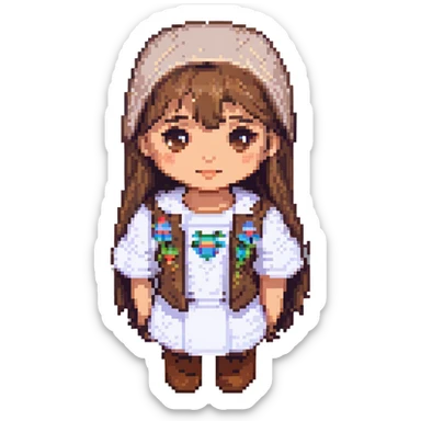 happy girl with medium straight brown hair, light skin tone, pixel art style sticker