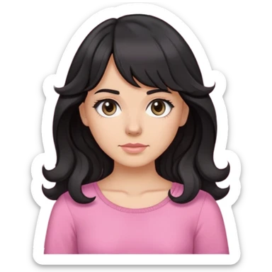 White girl with chest length black wavy hair with curtain bangs, gray eyes, wearing a pink top sticker