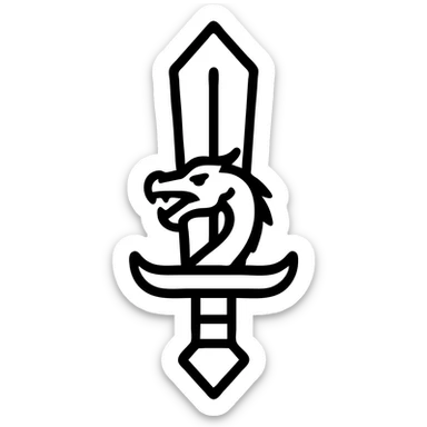 Add a dragon motif to the sword in cartoon outline style. The dragon design should be integrated into the hilt or blade with no background, maintaining clear and bold outlines. sticker