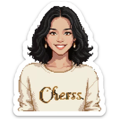 A woman with shoulder-length black hair, light to medium skin tone, full cheeks, and almond-shaped eyes, wearing a white sweater with the word 'cheers' in gold script, lying comfortably on a bed with soft lighting, joyful and radiant expression sticker
