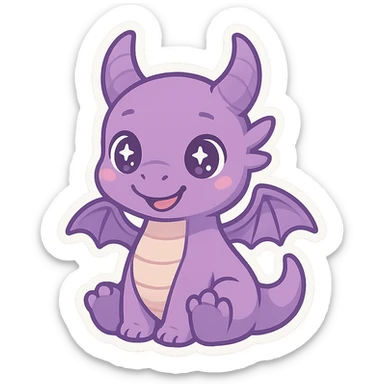 purple dragon in chibi anime style, sitting, smiling, sparkly eyes sticker