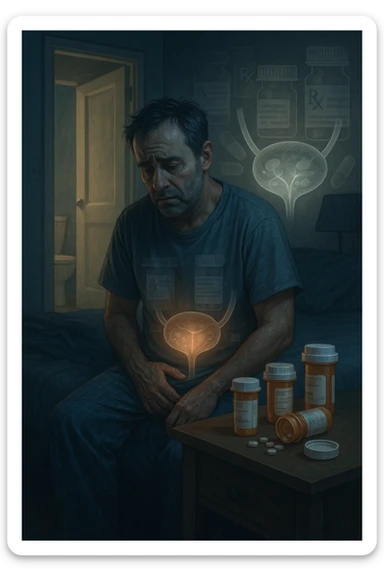 A middle-aged man sits on the edge of his bed in a dimly lit bedroom, looking exhausted and frustrated. On the nightstand beside him are several prescription pill bottles, loosely organized, some open — suggesting long-term medication use. In the background, the bathroom door glows softly, partially open, with a faint reflection of the toilet visible, indicating frequent nighttime trips. The man wears a loose T-shirt and pajama pants, his posture slightly curved as he gently touches his lower abdomen, symbolizing bladder discomfort. His eyes have dark circles, his expression is drained. The color palette is muted blues and greys, with a cinematic soft focus and ambient light highlighting emotional fatigue. A subtle overlay of pill labels and bladder imagery could be added for educational use. sticker