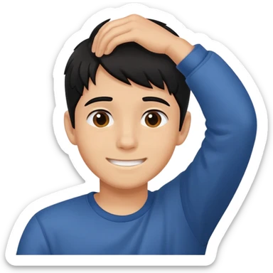 embarrassed smiling boy with hand behind head and black hair sticker