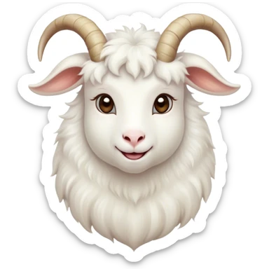 Cinematic Cute White Goat Portrait Emoji, Head tilted playfully and inquisitively, featuring a fluffy, immaculate white fur with charming curved horns, round, sparkling eyes filled with gentle curiosity, Simplified yet irresistibly adorable features, highly detailed, glowing with a warm, friendly glow, high shine, affectionate and lively, stylized with a touch of whimsical charm, bright and endearing, soft glowing outline, capturing the essence of a mischievous yet loving goat, so playful it feels like it could trot out of the screen and into your arms! sticker