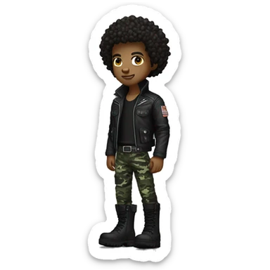 A dark skinned curly haired punk guy with urban camo pants and tactical boots and wearing a Leather jacket sticker
