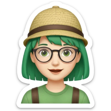 bangs, cute tourist hat, green hair very happy and glassess sticker