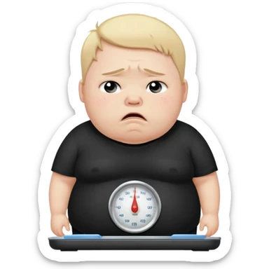 sad fat young boy in black t shirt on weight scale crying with tears on his cheeks sticker