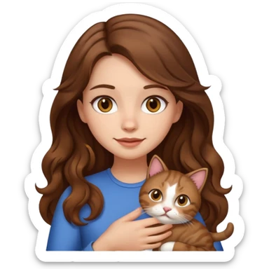 a girl with long wavy brown hair and brown eyes holding a cat, emoji style sticker