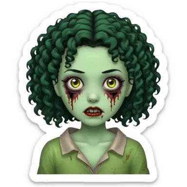 uma garota zumbi assustadora da pele verde e com cabelo 3b cacheado repartido ao meio preto curto ate o ombro sticker