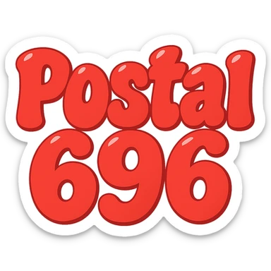 Change the font color to red for 'Postal 696', keep the extra puffy bubble letter style, whimsical and lighthearted, with a transparent background. Maintain the whimsical and lighthearted feel with extra puffy bubble letters. sticker