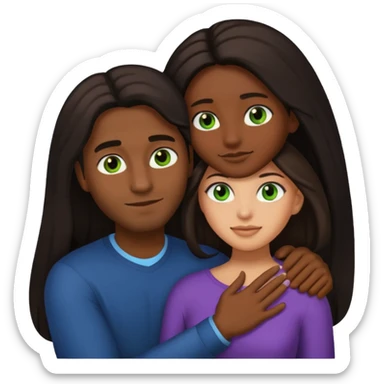 black man with brown eyes and woman with long dark hair, green eyes, and light skin embracing, emoji style sticker