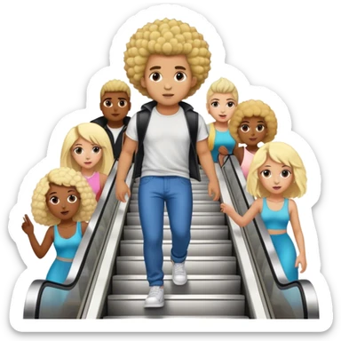 TikTok brown skinned influencer with blonde fro hawk, TheBlondeJon Aka Jon Madrid (who looks kinda like his brother josh king madrid) is going down escalator stairs partying with bunch of girls  sticker