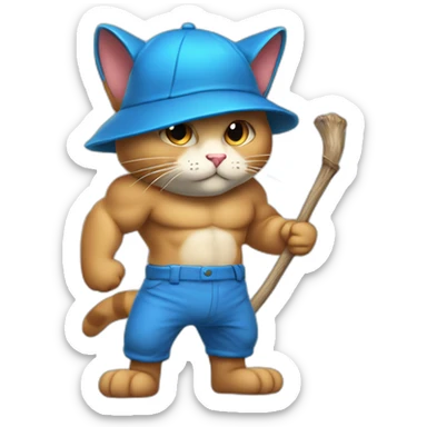 Strong muscles Blue cat NO ears  wearing a mushroom cap carrying a stick in one arm standing on two legs with pants sticker