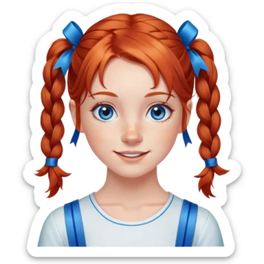 A cheerful, young red-haired girl with bright blue eyes and freckles, styled in two playful pigtails tied with blue ribbons. sticker