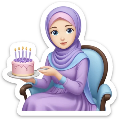 Turkish beautiful finish Konya girl blue eyes with pastel hijab long tail dress and sits on the chair and holds lavender cake with her hand  sticker