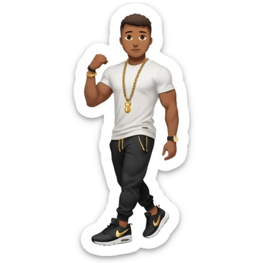 Handsome Black guy with brown skin tone, with muscular build, wearing black sweatpants, a white t-shirt, black Nike air max, a gold rope chain, and a gold watch  sticker