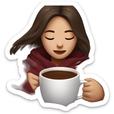 Brunette girl inside a maroon blanket sipping coffee eyes closed sticker