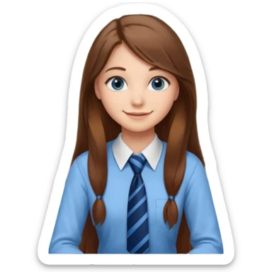high school class room with a pretty female high school student with long brown hair, blue eyes, wearing a tie, sitting in front of the blackboard sticker