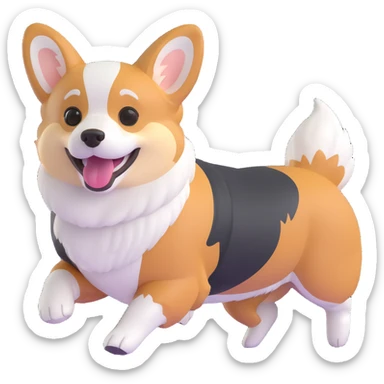 cool redhead tri color corgi, running, happy face, fluffy fur, white, tan, and black markings sticker
