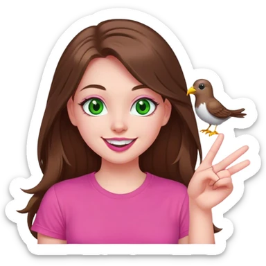 mid sized white skinned girl with green eyes and long brown hair giving the bird smiling maniacally in a pink t-shirt with pink lips sticker