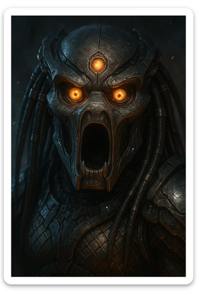 Yautja (Predator) mask with a surprised or shocked expression, detailed sci-fi design sticker