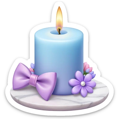 Purple candle on a white marble-candle-holder-stand, flowers, bow tie, light-blue, pink, white, pastel purple, aesthetic sticker