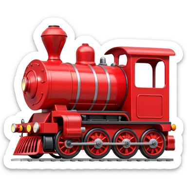 A 3D cartoon red train engine with headlights and wheels visible, realistic reflections, Memoji-style. sticker