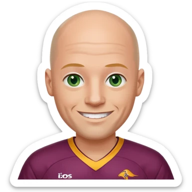 young-ish 50 year old man dressed in a brisbane broncos jersey, bald head, fair skin, happy face, blueish green eyes sticker