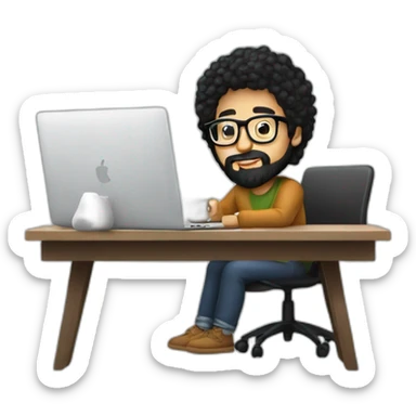 Designer with black hair, beard and glasses working with MacBook and drinking cappuccino  sticker