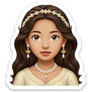Tan Filipino woman with dark brown eyes and long dark wavy hair parted in the middle wearing a traditional filipiniana and white pearl stud earrings and no other jewelry sticker