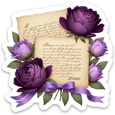 A handwritten love note on aged parchment, nestled within a bouquet of dusty purple peonies, velvety plum roses, and soft lavender blossoms, is delicately secured with a dusky amethyst satin ribbon, while a tiny, heart-shaped wax seal in deep violet adds an elegant, vintage touch. sticker