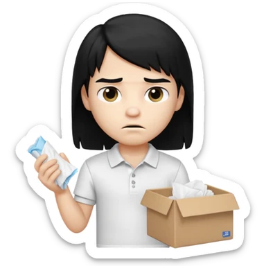 generate a pretty bratz boy with long black hair, wearing a white polo shirt. Looking sad, holding a box of tissues in right hand sticker