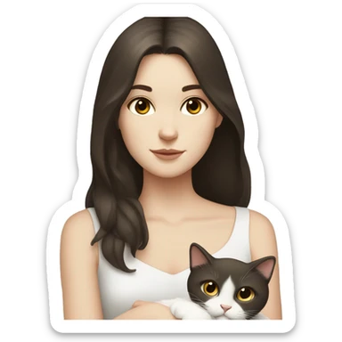 A pale girl with dark brown hair and dark brown eyes holds a white cat and look at the cat sticker