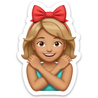 girl holding neck with arms crossed laughing with bow on her head sticker