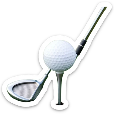A golf ball on a tee with a golf club placed beside it, set against the backdrop of a well-manicured green golf course. The scene emphasizes the equipment and serene atmosphere of the sport, with soft lighting and a peaceful, open landscape sticker