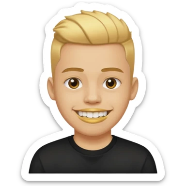 lightskinned person with a taper fade haircut and golden teeth wearing a black tshirt with a white background sticker