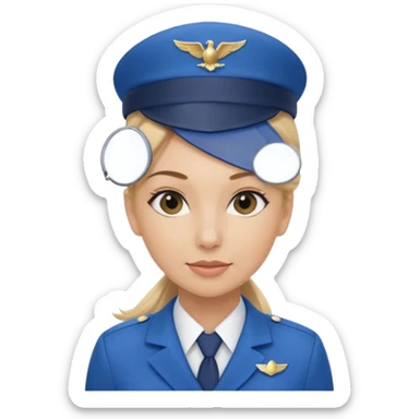 Create an emoji of a female flight attendant with blonde hair tied up, wearing a blue flight attendant hat and a blue flight attendant uniform. sticker